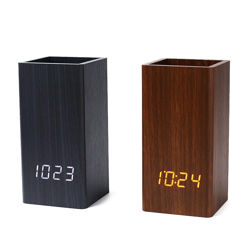 Creative L Pen Holder Alarm Clock Electronic Digital Clock Office Stationery Pen Holder Table Wooden Clock Multifunctional Wooden Clock