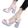Shoes for Women 2025 New Summer Sexy Rhinestone Ladies High Heels Peep Toe Square Toe Thick with Women's Sandals