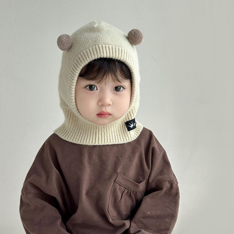 2Pcs Cute Baby Balaclava Hat Winter Warm Toddler Ear Protection Cap Scarf Cartoon Pompom Kids Boys Girls Knit One-piece Beanies