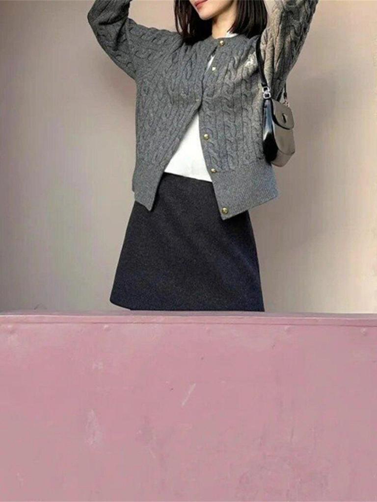 Coffee Wool Blend Midi A-Line Skirt: High-Waisted, Slimming, Anti-Exposure, Thickened for Spring/Autumn, Hip-Hugging Mini Skirt for Women