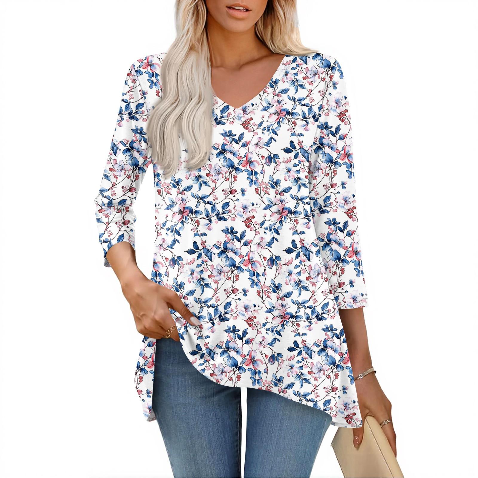 

Женские топы с V-образным вырезом и рукавом 3/4, повседневные блузки средней длины, модные туники с принтом XL фиолетовый