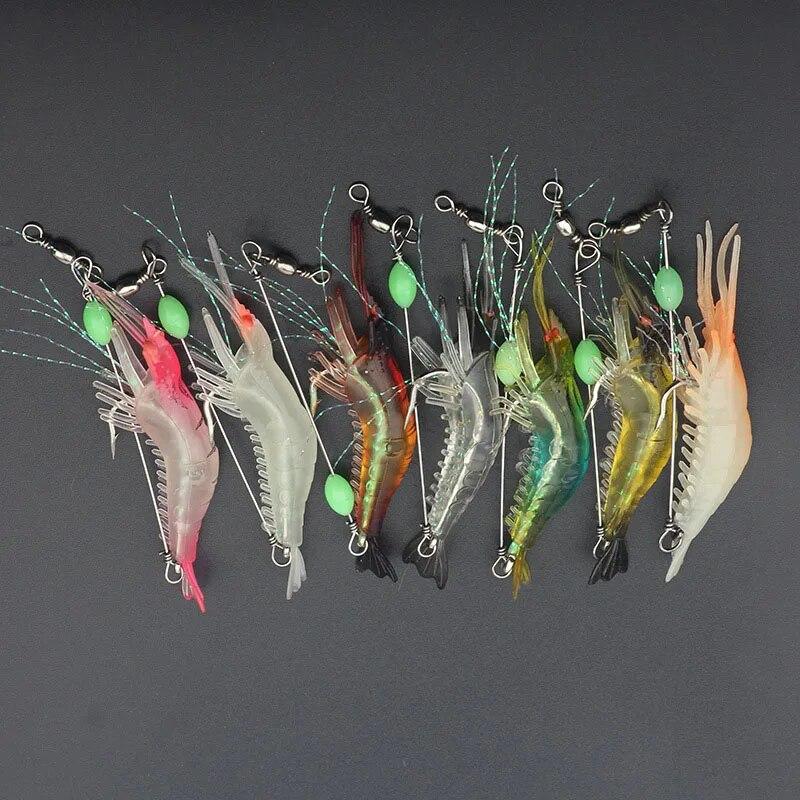 7PCS/Lot Shrimp Soft Fishing Lure 9cm/6g Artificial Bait With Luminous Bead Swivels Hook Lifelike Shrimp Lure Carp Fishing Bait