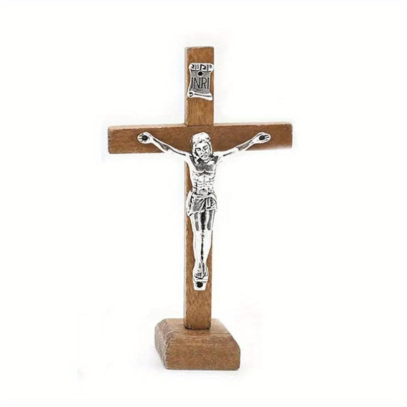 

1Pc Wooden Catholic Jesus Cross with Stand – Vintage Religious Standing Crucifix, Ideal for Church & Home Tabletop Decor