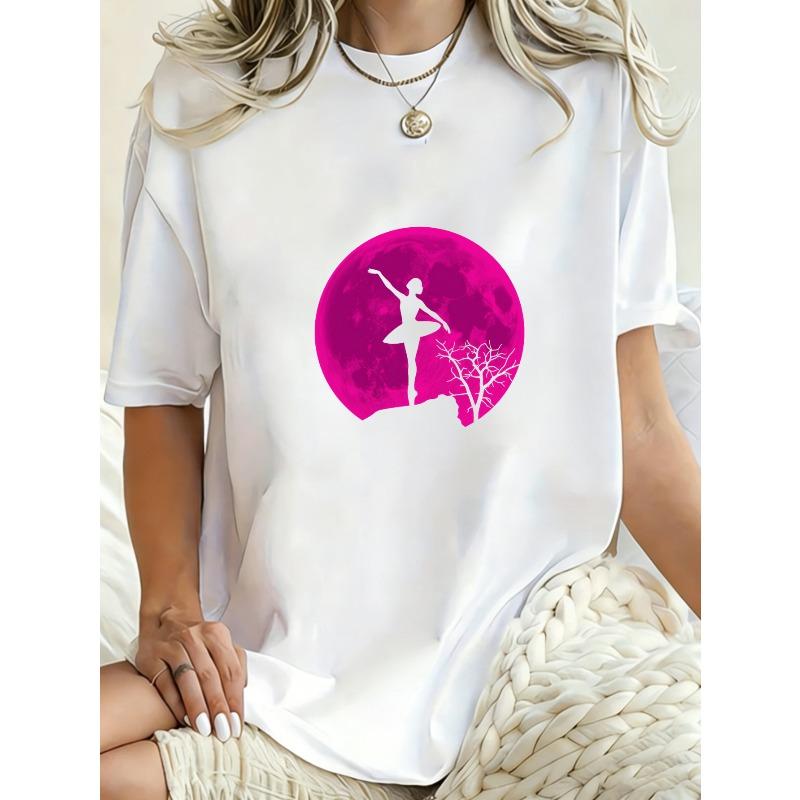 Oversized T Shirt Dress Black Ballerina Silhouette Pink Moon And Tree Print Casual Streetwear For Women