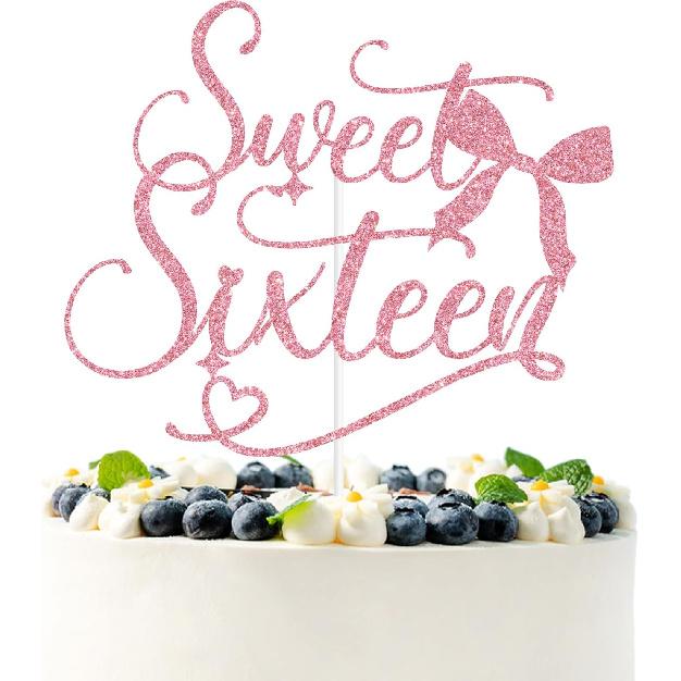 Pink Glitter Sweet Sixteen Cake Topper, Bowknot Happy Sweet 16/Cheers to 16 Years, Bow Ties Tying Themed 16th Birthday Party Decorations Supplies