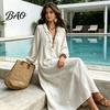 Solid Color Dress Women Ruffle V Neck Long Dress, Loose Fit Casual Midi Dresses Sleeves for Spring Autumn