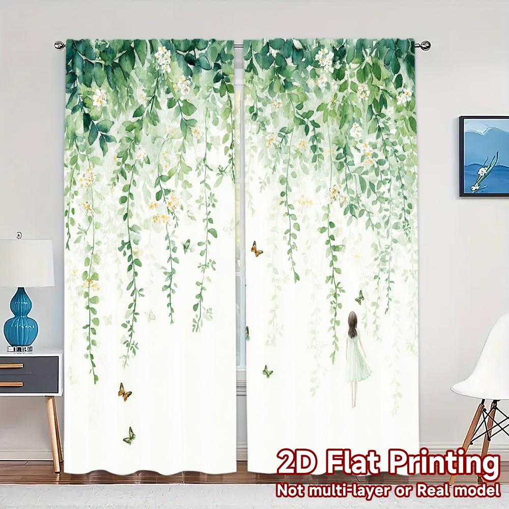 

Set Of 2 Flat Printing Jit Curtains Without Rod Floral Flutter Popular Digital Printed Versatile Durable Polyester Curtain Made W100*H70(CM)-Hooks&1PCS