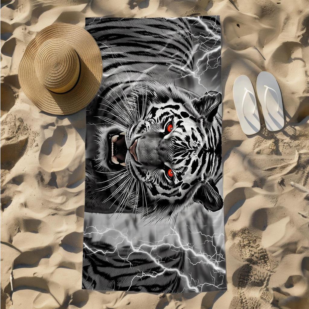 1pc Fierce White Tiger with Lightning Eyes 2D Printed Microfiber Beach Towel, Quick Dry Super Absorbent. Great for Beach, Pool