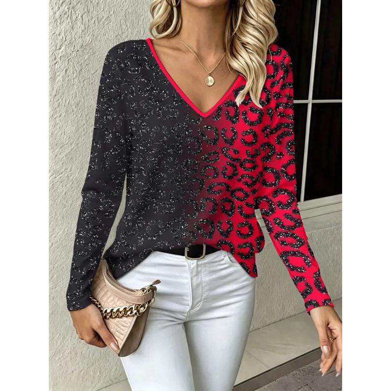 Fashion Women's V-Neck Long Sleeve 3D Floral Color Printing Casual Long Sleeve V-Neck T-Shirt