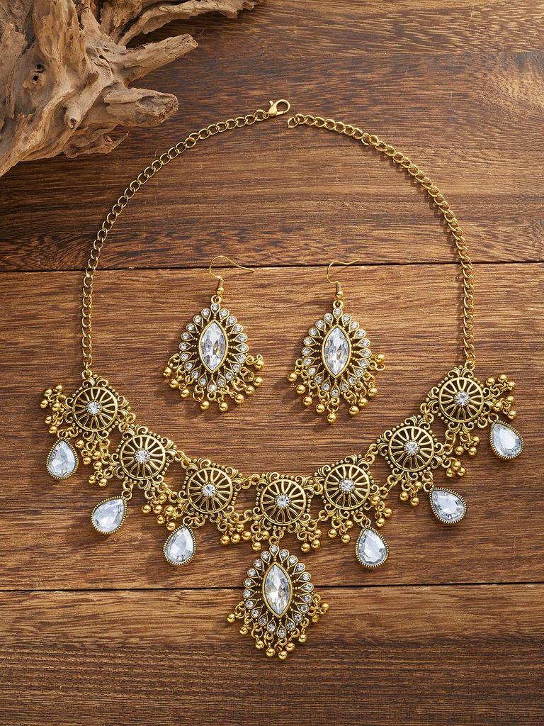 Indian Ethnic Style Gemstone Beaded Jewelry Set - Necklace & Earrings
