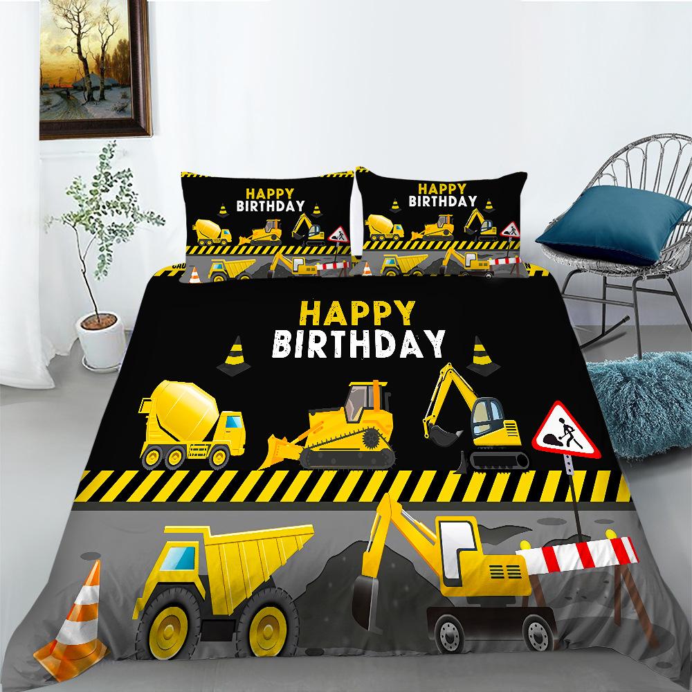 Baufahrzeug Bettbezug Mikrofaser Cartoon Baufahrzeug Druck Bettwäscheset Geschenk Alles Gute zum Geburtstag Muster Steppdeckenbezug