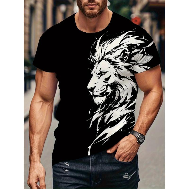 White Lion Sketch Printed T-Shirt for Men Cool Wild Animal King Graphic Short Sleeve Tees Trendy Casual Round Neck Ink Style Hip Hop Streetwear Tops