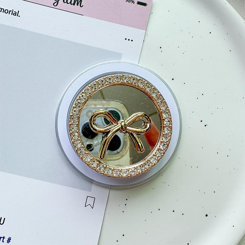Rhinestone Bow Love Round Flower Mirror Mobile Phone Airbag Holder Magnetic Retractable Desktop Support Holder