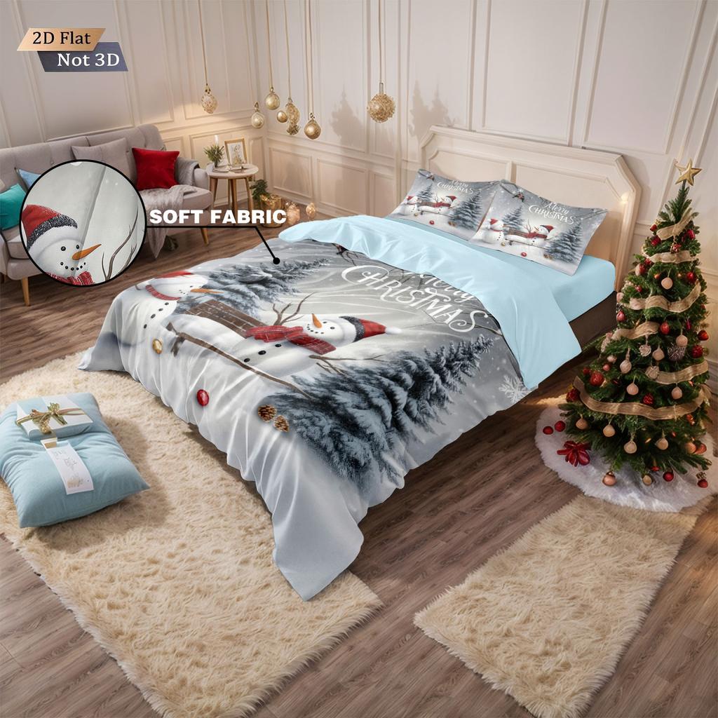 3pcs Merry Christmas Cartoon Snowman Print Coreless Down Duvet Cover Multi Size Bedroom Bedding Holiday Decoration