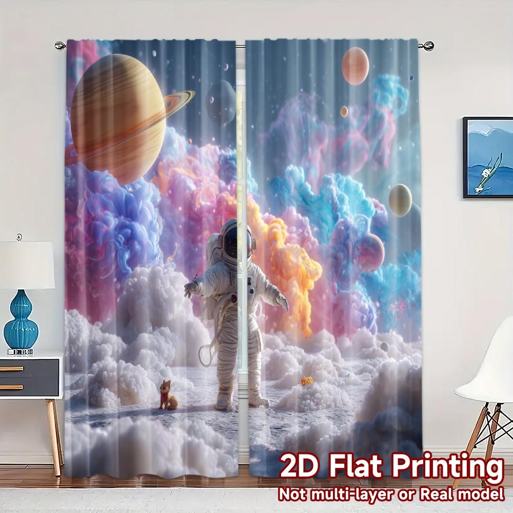 2pcs, 2D FLAT PRINTING Curtains (Without Rod) Cosmic Explorer Fashionable Popular Curtains Semi-Sheer Curtains Decorations