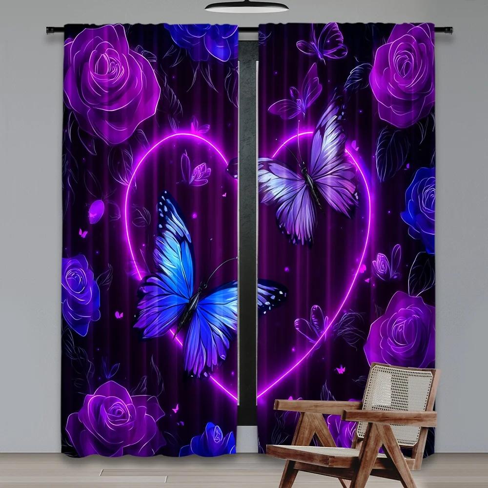 Flat Printing Window Drapes Glowing Butterflies Fantasy Digital Printed Polyester Family Party Use Event Curtains Set Of 2 Made