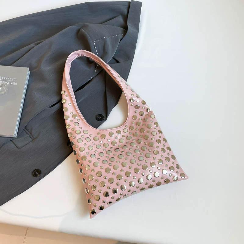 Summer Rivet Shoulder Bag Brand Fashion High-end PU Leather Versatile Solid Color Commuter Totes Women Bucket Underarm Bag