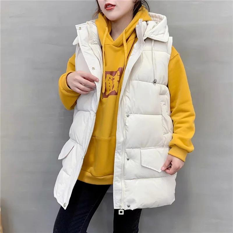 Hooded Down Cotton-padded Vest Women's Medium and Long Loose Large Size Autumn and Winter New Thickened Vest Jacket