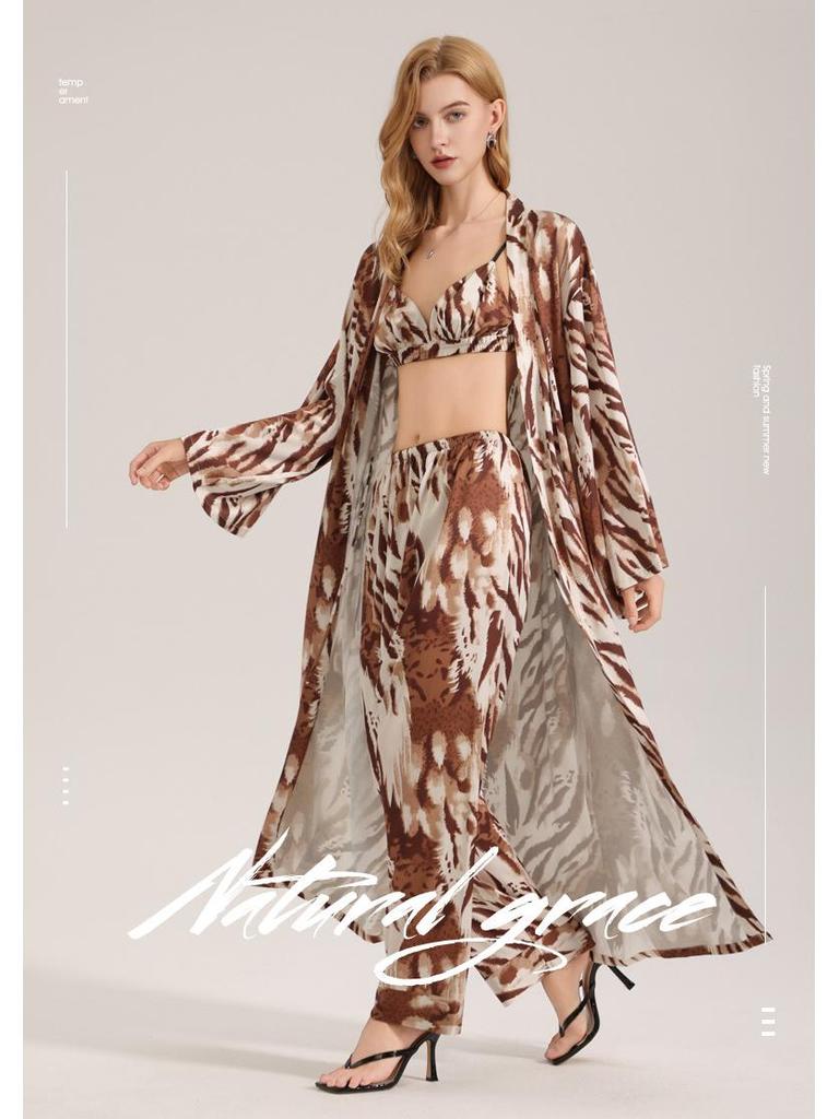 Women's Zebra Print Satin Pajama Set - Summer Robe & Long Pants, 3-Piece