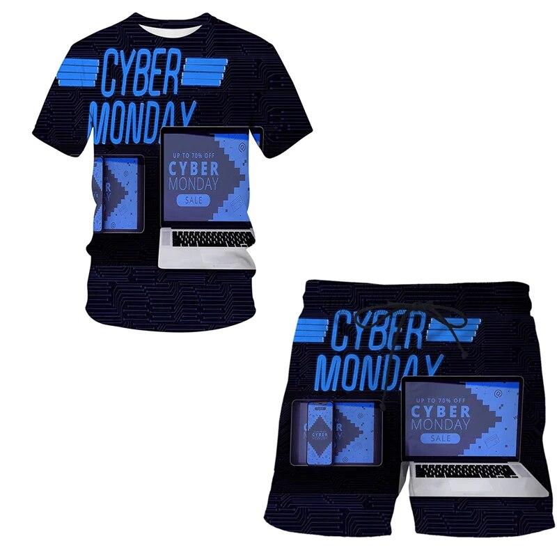 3D-Druck übergroßes modisches T-Shirt-Shorts-Set Harajuku Freizeit reifer Kurzarmanzug Mobile Technologie Zweiteiliges Set