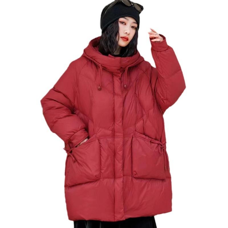 Hooded large pocket thickened medium and long down jacket women's fashion versatile white duck down large size coat winter thickened