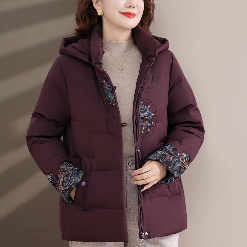 Plus Size Middle Age Women's Winter Down Jackets Hooded Thick Warm Embroidery Down Coats Woman Outerwears