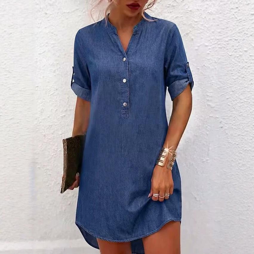 Women s Stand Collar V Neck Half Button Denim Shirt Dress with Roll Tab Sleeves S синий