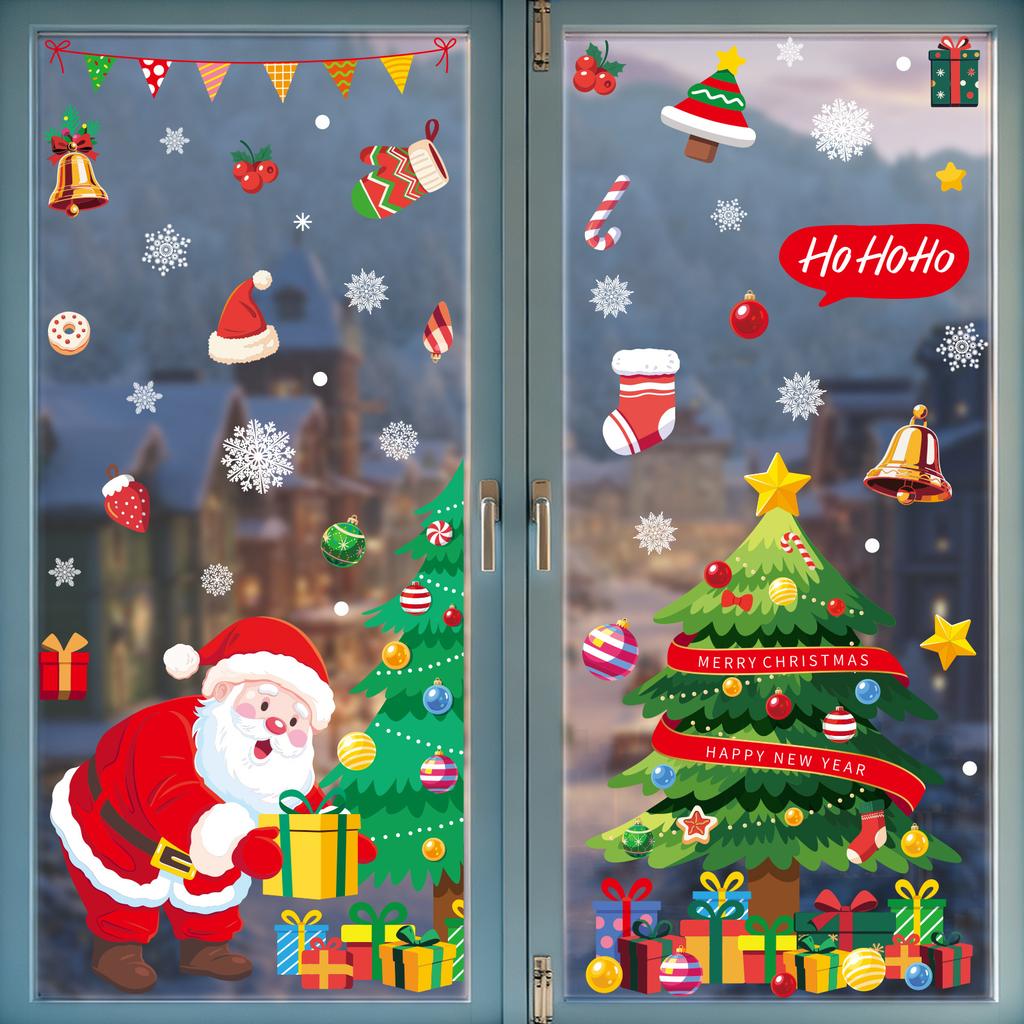 Christmas Static Glass Window Stickers, Snowflake Gift Box Santa Bell Christmas Tree Decorative Decals for Home Shop Decor