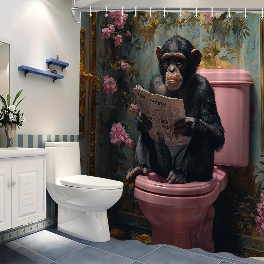 1pc Whimsical Chimpanzee Toilet Shower Curtain, Polyester, Machine Washable, 12 Hooks, Floral Design, Playful Bathroom Decor