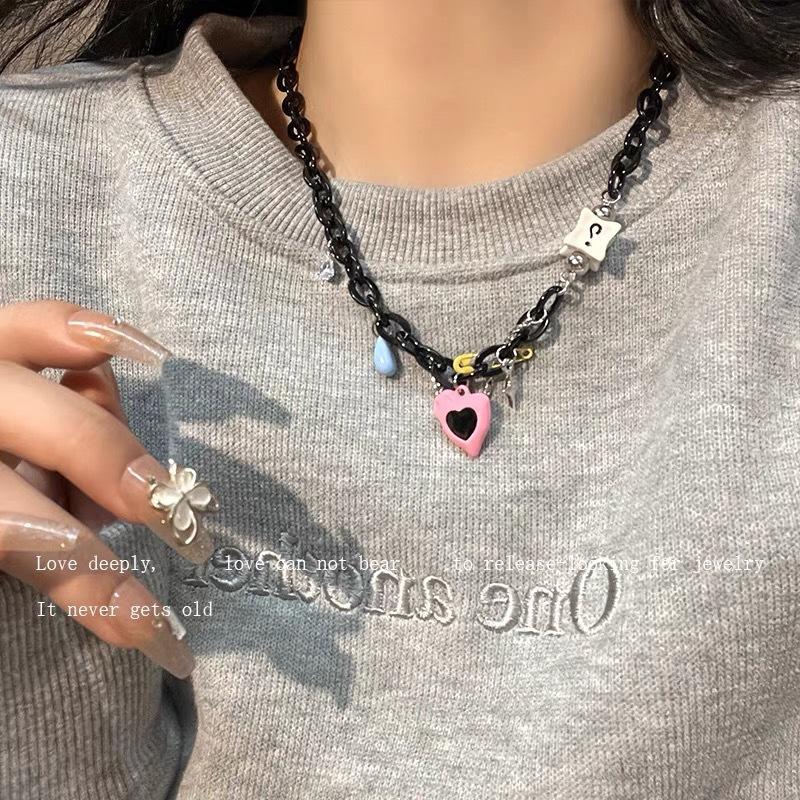 Pink Star Love Leather Rope Necklace Female Niche Premium Sweet Cool Style Hip Hop Sweater Sweater Chain Spice Girl Accessories