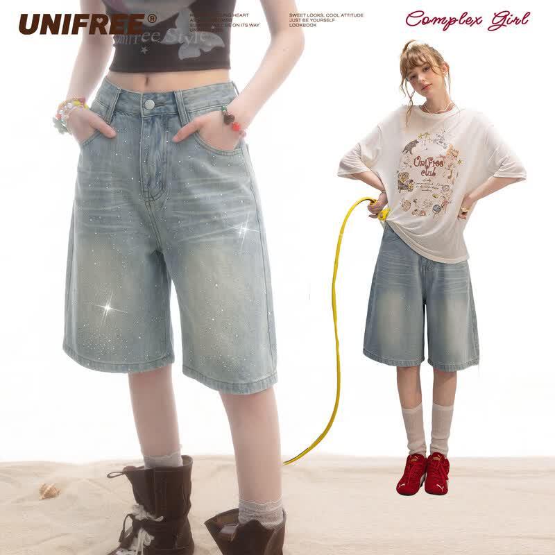 UNIFREE Retro Rhinestone Distressed Denim Shorts L