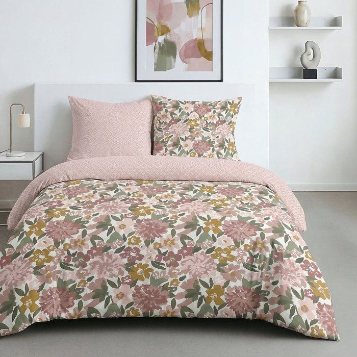 Parure de Lit - 260 x 240 cm - Coton Imprimé Floral Champêtre Rose Poudré - TODAY SUNSHINE