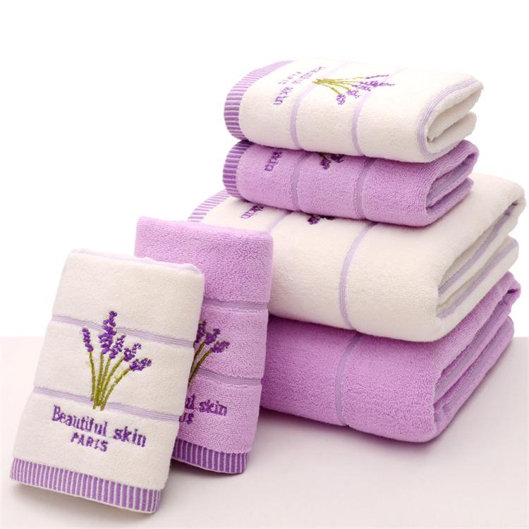 Lavender-Scented 32-Strand Cotton Bath Towel Set with Custom Logo Embroidery - 3-Piece Gift Box Collection