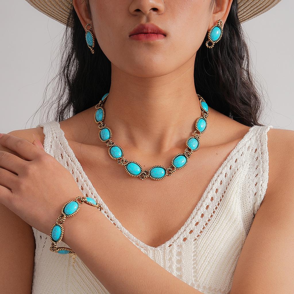 Turquoise Blue Diamond Flower Stud Earrings Necklace Light Luxury Niche Clavicle Chain Premium Jewelry Set
