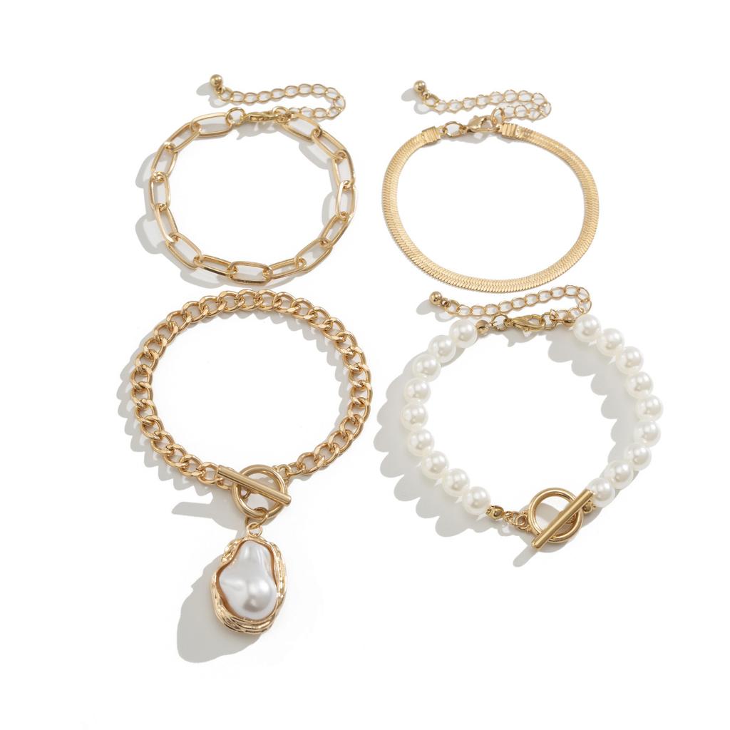 Temperament Imitation Pearl Stacked Bracelet Set, Wind Figure Tag Beaded Bracelet