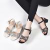 High-heeled sandals women's shoes 2025 summer open-toed square-heeled one-word buckle sandals simple rhinestone mid-heel cowhide fairy shoes