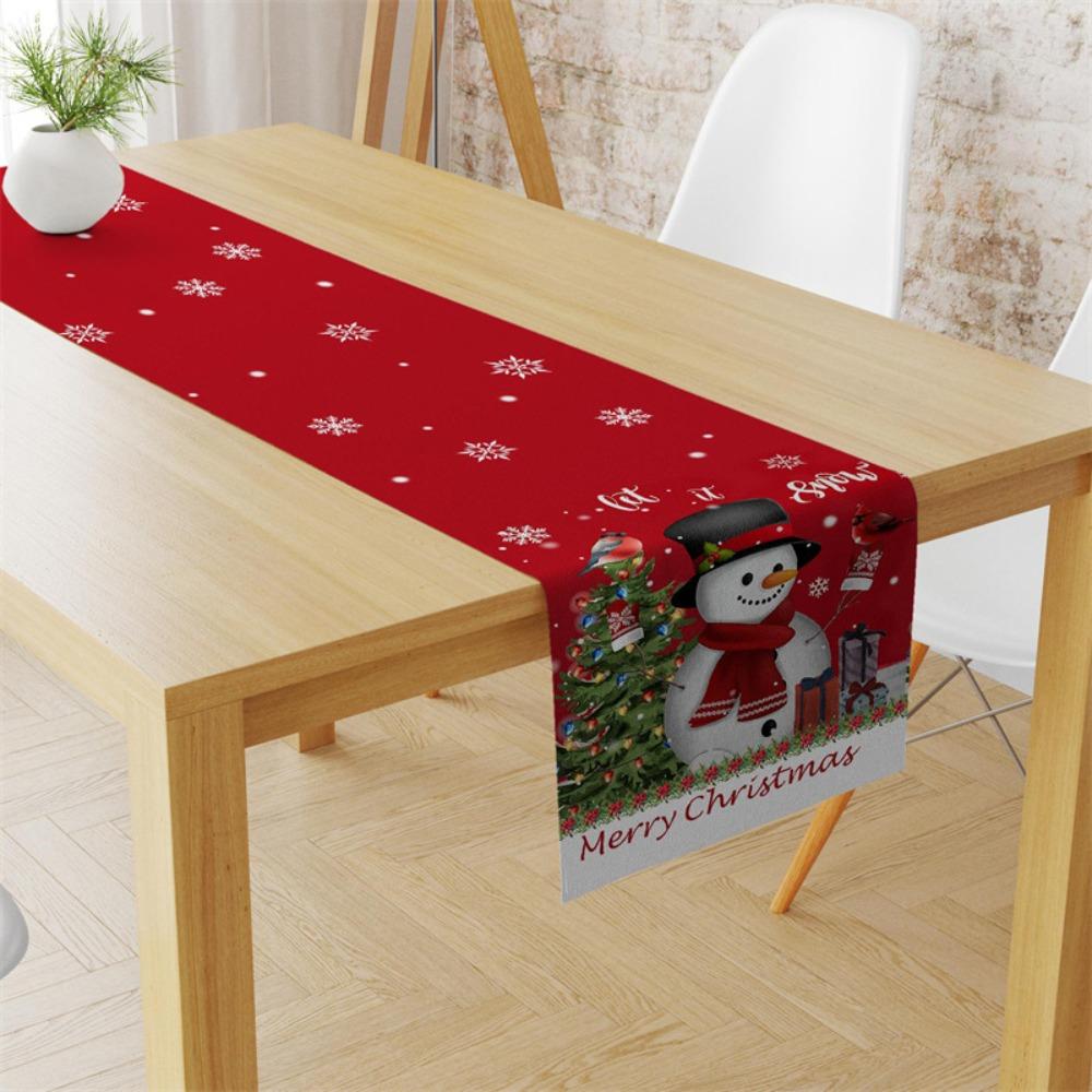 Festive Christmas Table Runner with Holiday Print Linen Table Cover for Home Decor