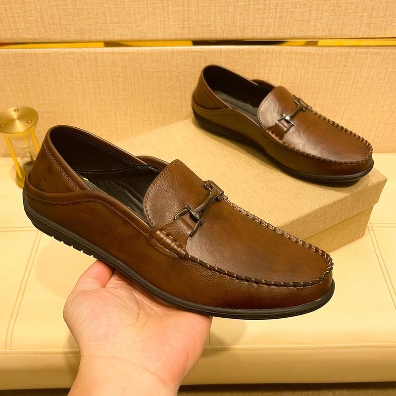 2026 Men's Genuine Leather Driving Moccasins - Classic Brown with Metal Buckle & Anti-Slip Rubber Sole for Casual and Business