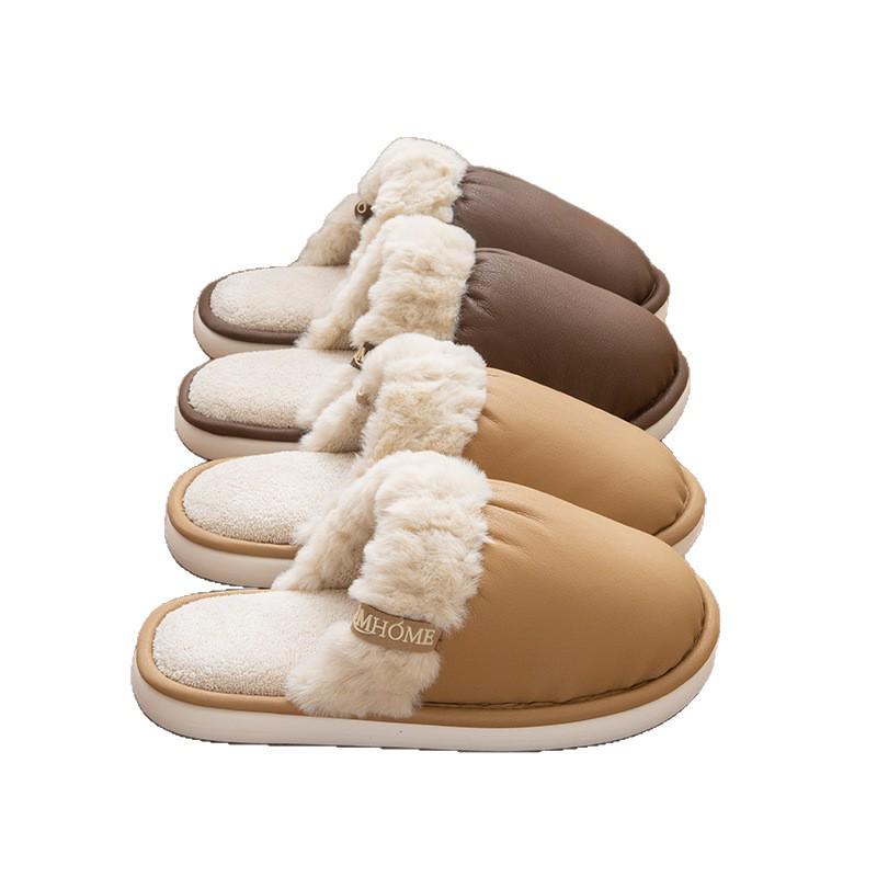 Women's & Men's Waterproof PU Leather Fur Slippers: Non-Slip, Warm, Indoor Cotton with Soft Sole for Autumn & Winter