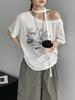 Summer Slack Personality Letter Printed Short Sleeve T-Shirt Women's Loose Lace-Up Slash Shoulder Top E