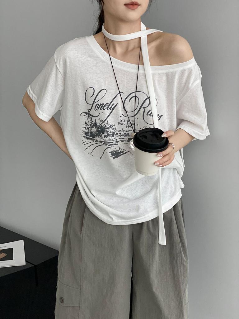 Summer Slack Personality Letter Printed Short Sleeve T-Shirt Women's Loose Lace-Up Slash Shoulder Top E