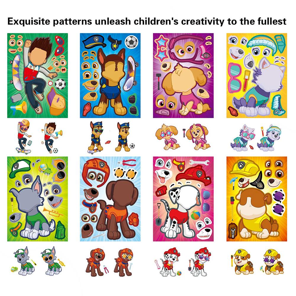 6/8/12/16pcs PAW Patrol Puzzle Anime Stickers DIY Ryder Chase Make-a-Face Assemble Funny Cartoon Decal Assemble Jigsaw Sticker