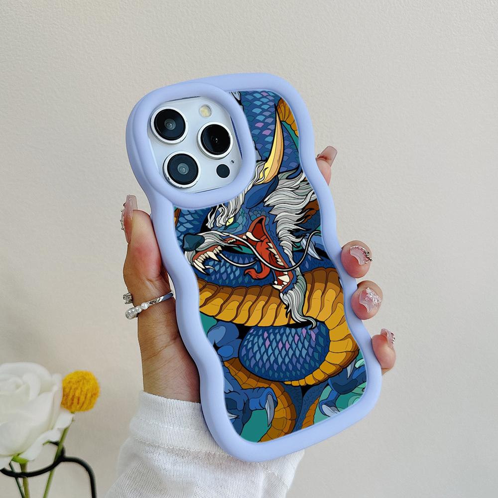 N81 Dragon design art Macaron Wavy Edge Phone Cases for iPhone 16 Pro Max Samsung S24 Plus S23 Ultra A35 A55 Xiaomi Redmi Note 13 Shockproof Cover