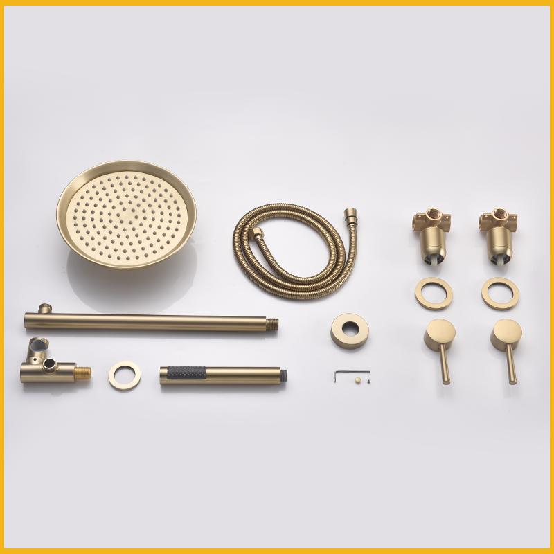Luksusowy zestaw prysznicowy ścienny w kolorze szczotkowanego złota, ukryty system prysznicowy, mosiężna bateria mieszająca wodę ciepłą i zimną, deszczownica łazienkowa