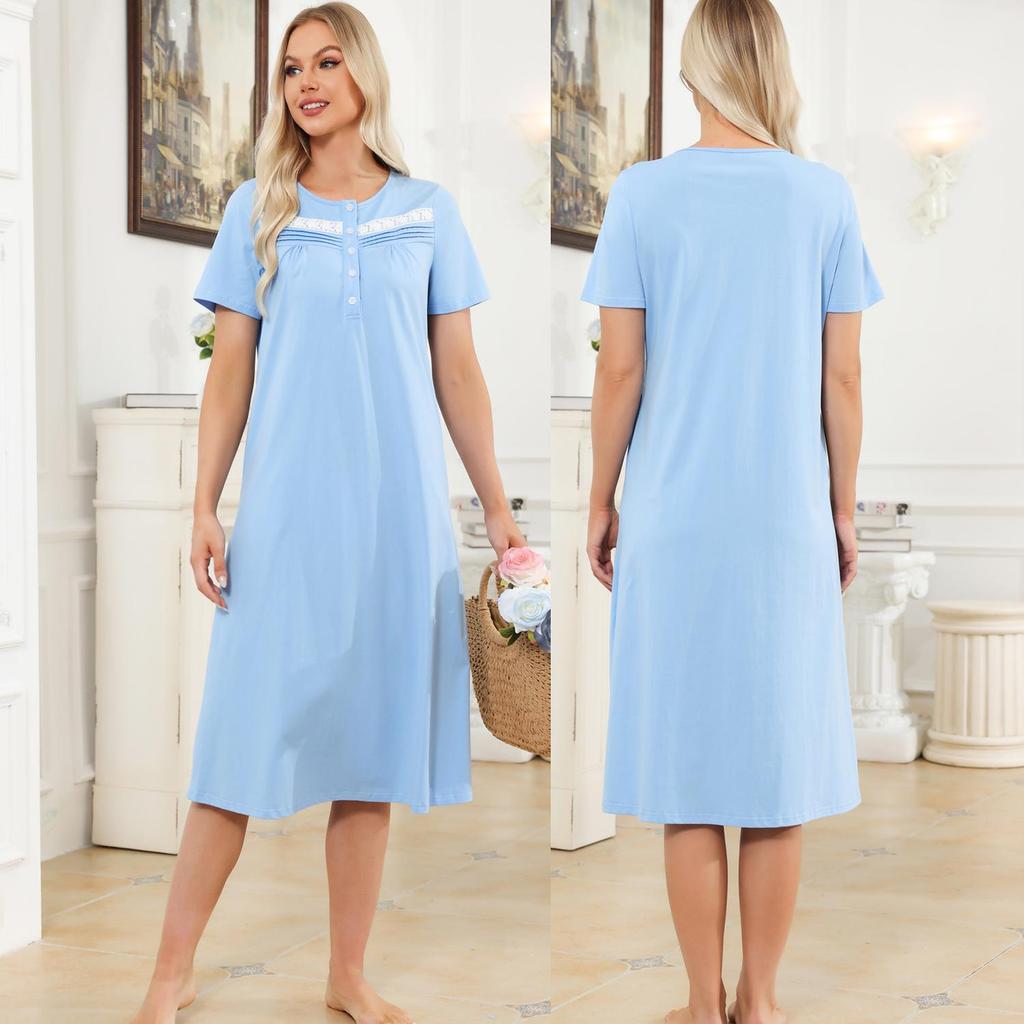 Damen Nachthemden Baumwolle Eckiger Ausschnitt Kurze Ärmel Schlafshirts Bequem Lässig Sommer Herbst Pyjamas Loungewear Homewear