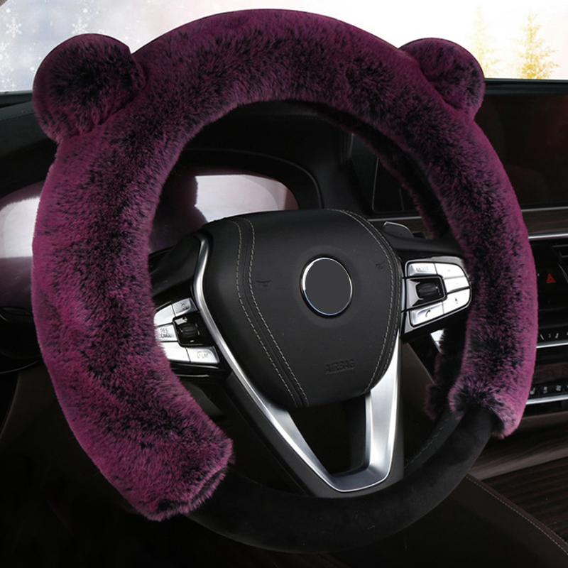 Universal Steering Wheel Cover Cartoon Cute Ear Shape Soft Faux Rabbit Fur Plush Winter Car Interior Styling for Women