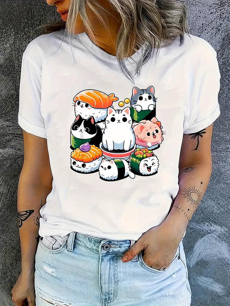 Cartoon Sushi Cat Pattern Print Women's Fashion Trendy T-shirt Round Neck Short Sleeve Simple Casual Sports T-shirt