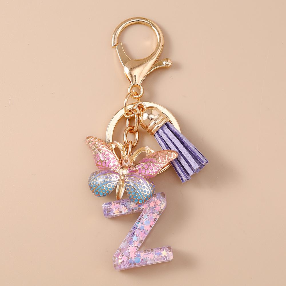 Fashion Purple Tassel Alphabet Keychain 26 Initials Letter Key Ring for Women Girls Handbag Pendants DIY Handmade Jewelry Gifts