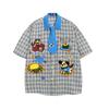 American Retro Cartoon Puppy Embroidery Contrasting Color Tie Plaid Short-sleeved Shirt Men's and Women's Summer Loose Casual Shirt