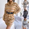 Autumn Winter Casual High Neck Striped Long Sleeve Base Dress Women's Clothing